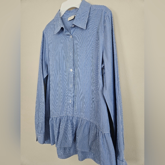 Westbound Blue Stripe 100% Cotton Ruffle Hem Button Up Tunic Top Size Medium - Picture 2 of 8